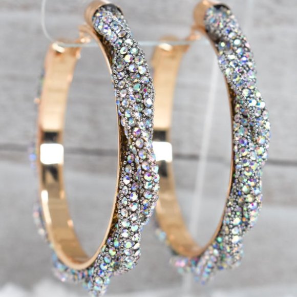 3" Boho Braid Twist AB Rhinestone Hoop Earrings - Picture 5 of 11